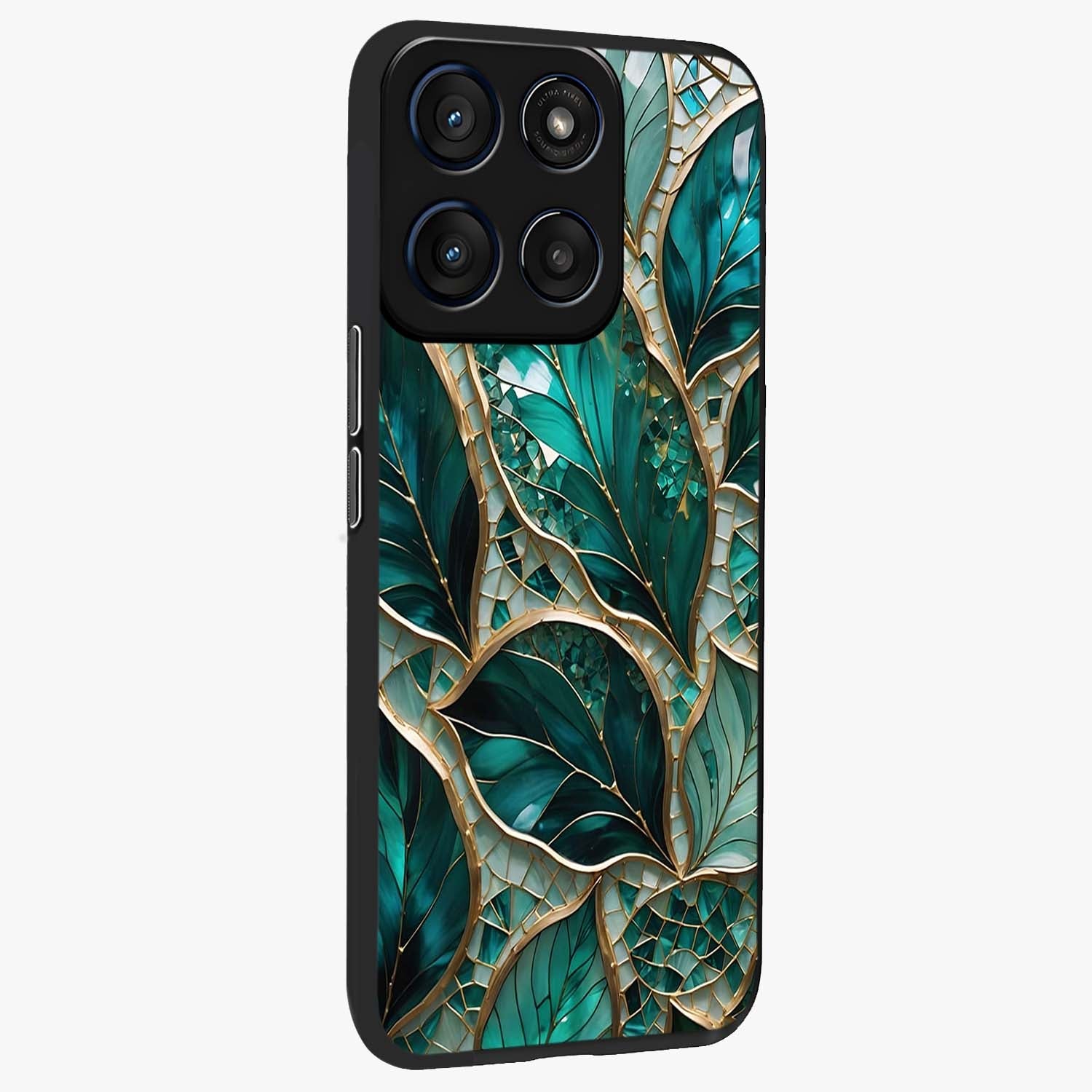 Emerald Leaf Glass Glass Case upright view showcasing fresh green leaf artwork with calming nature inspired style.