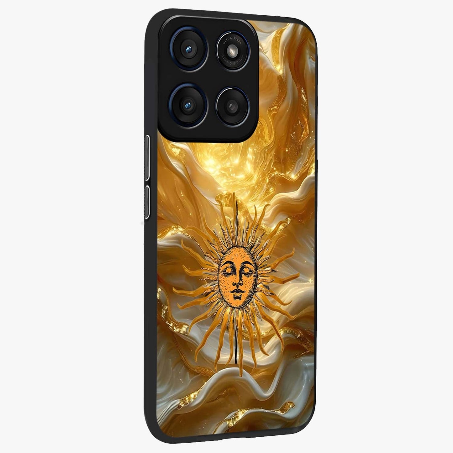 Eternal Golden Glow Glass Case upright view showcasing luminous golden artwork with luxurious visual theme.