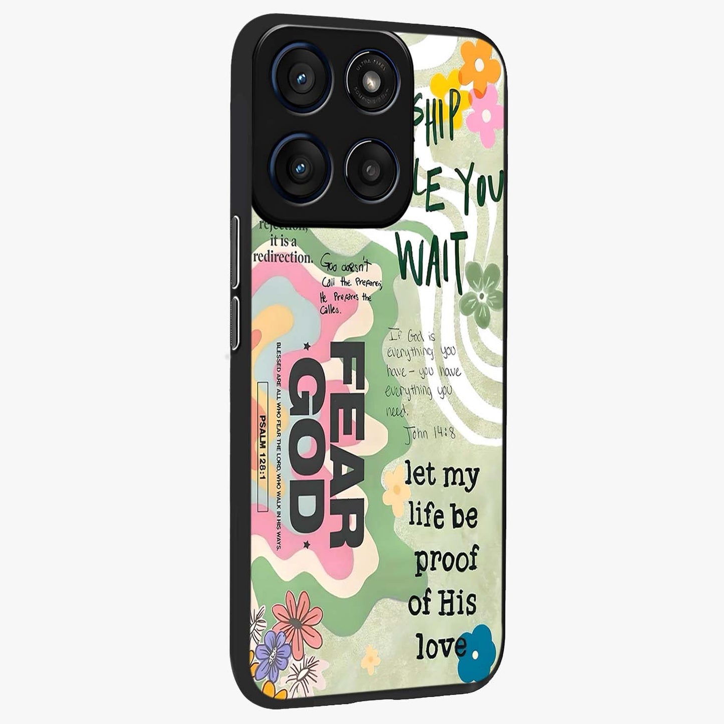 Faith Over Fear Glass Case upright view showcasing bold typography artwork with uplifting motivational theme.