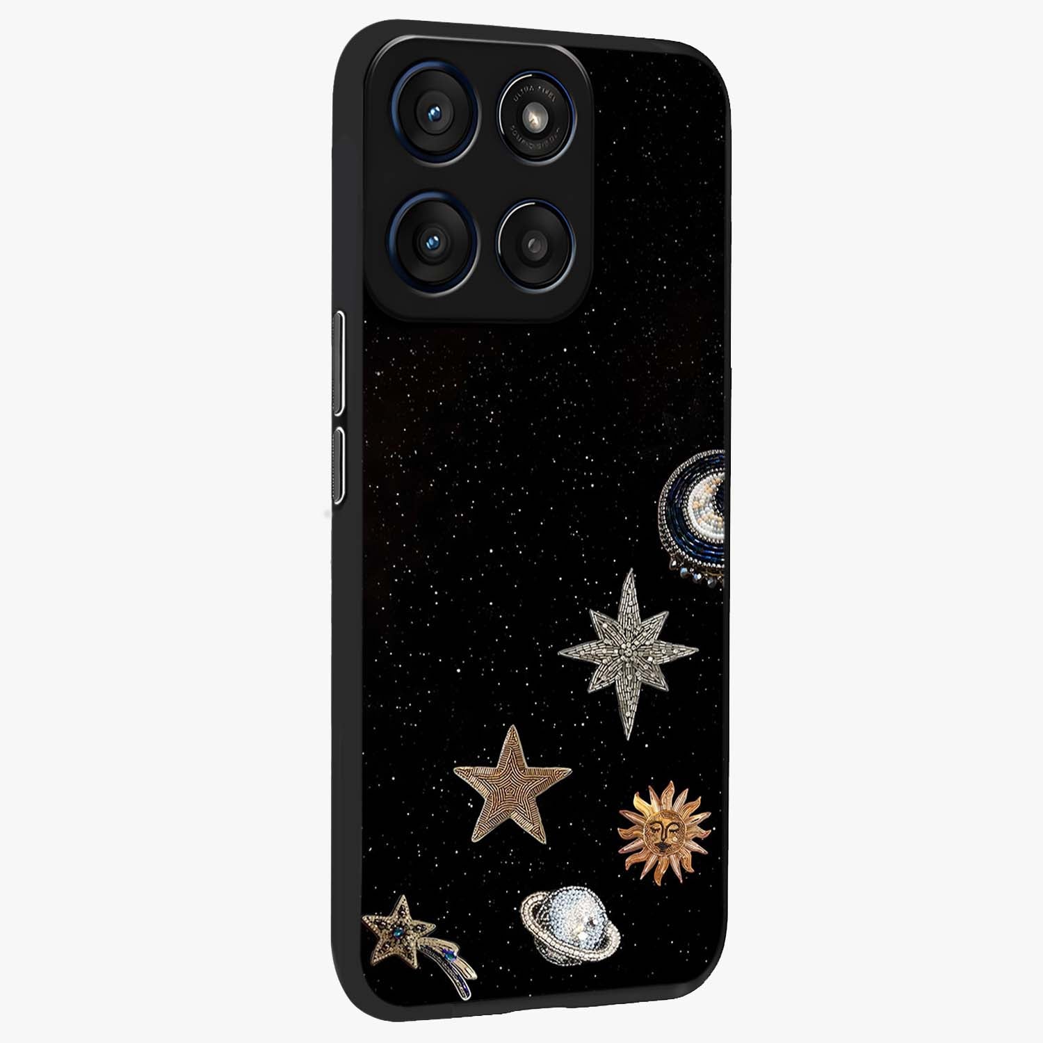 Galactic Charm Glow Glass Case upright view showcasing glowing cosmic charm artwork with magical celestial style.
