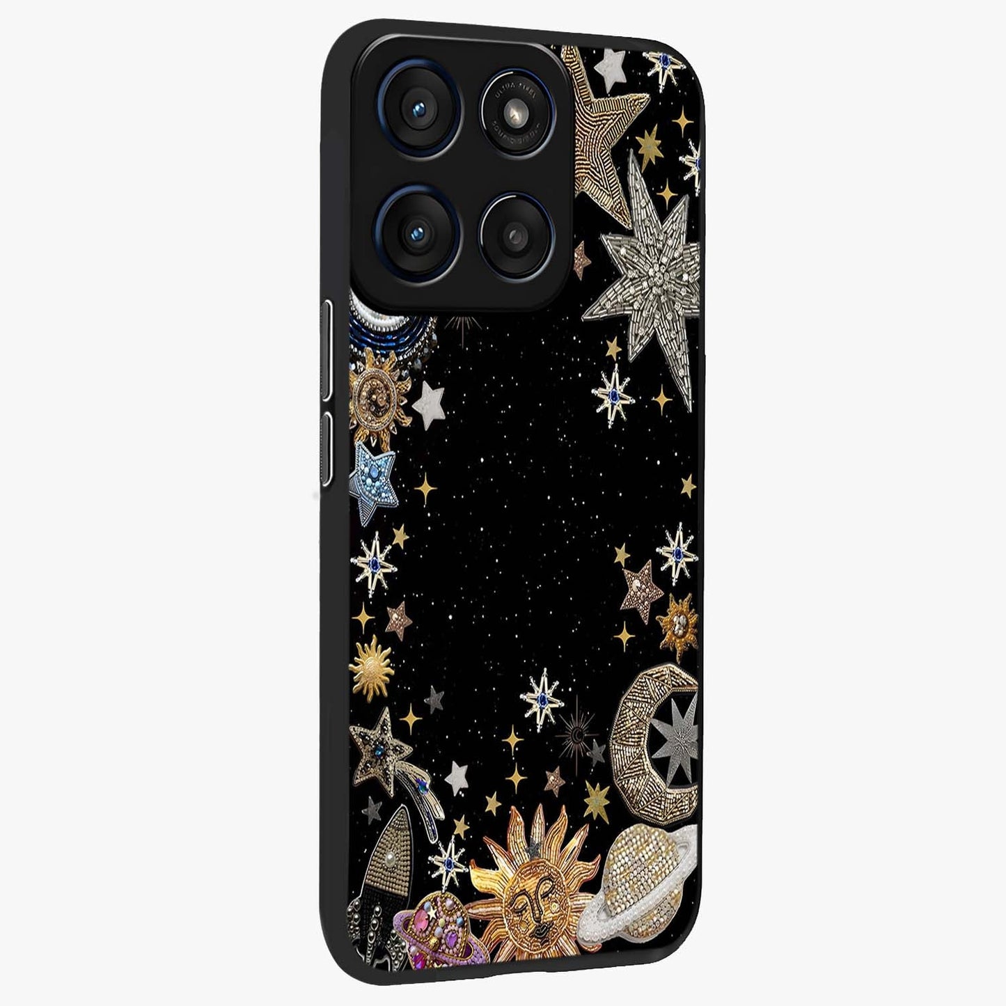 Galactic Jewel Stars Glass Case upright view showcasing glittering star jewel artwork with vibrant galaxy theme.