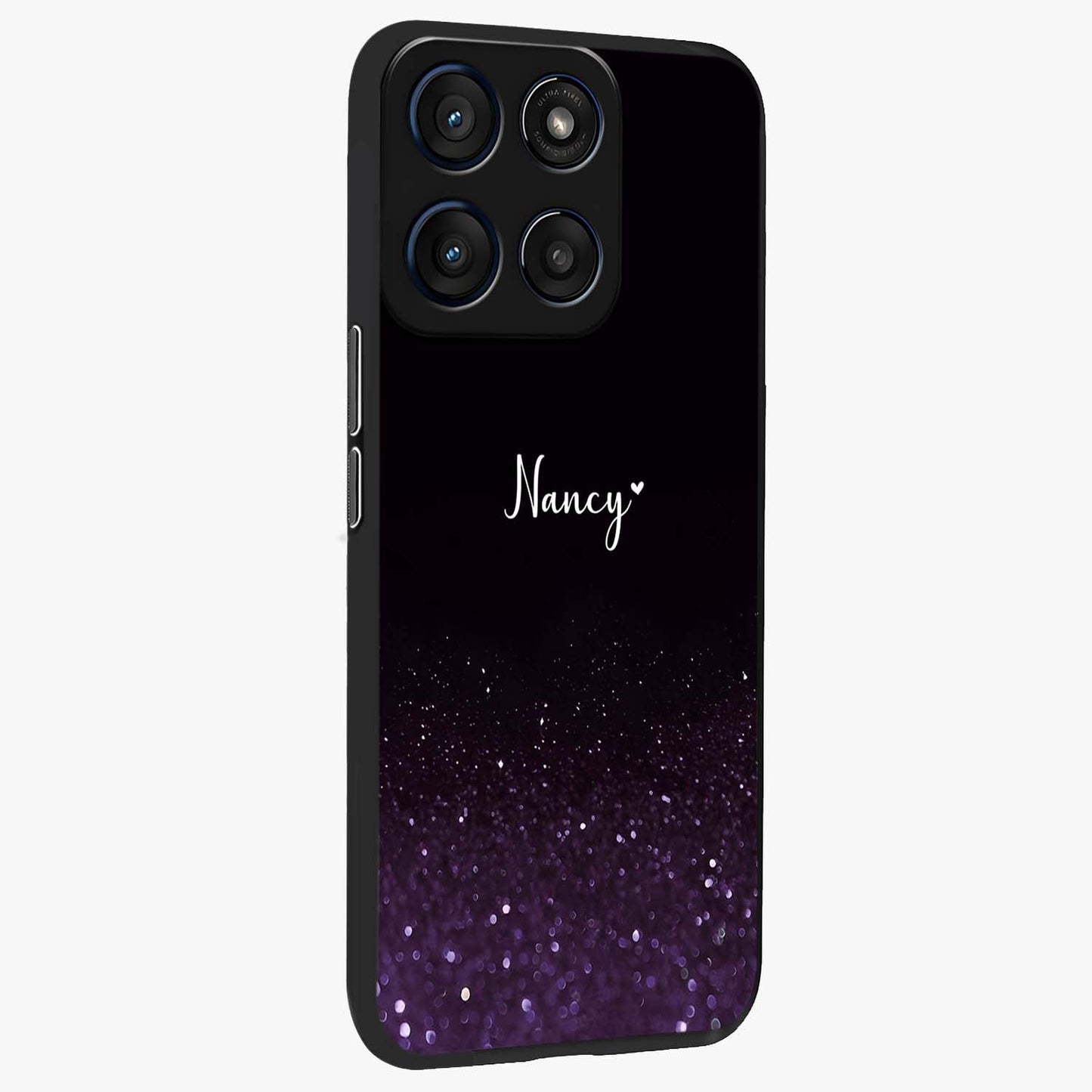 Glittery Purple Bokeh Custom Name Glass Case upright view showcasing vibrant purple sparkle artwork with personalized aesthetic style.