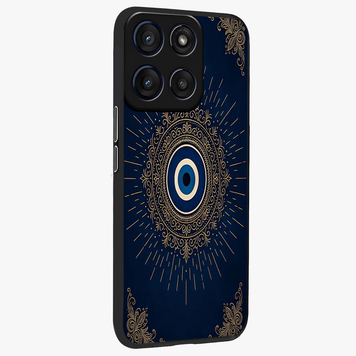 Golden Celestial Charm Glass Case upright view showcasing radiant celestial artwork with elegant golden theme.