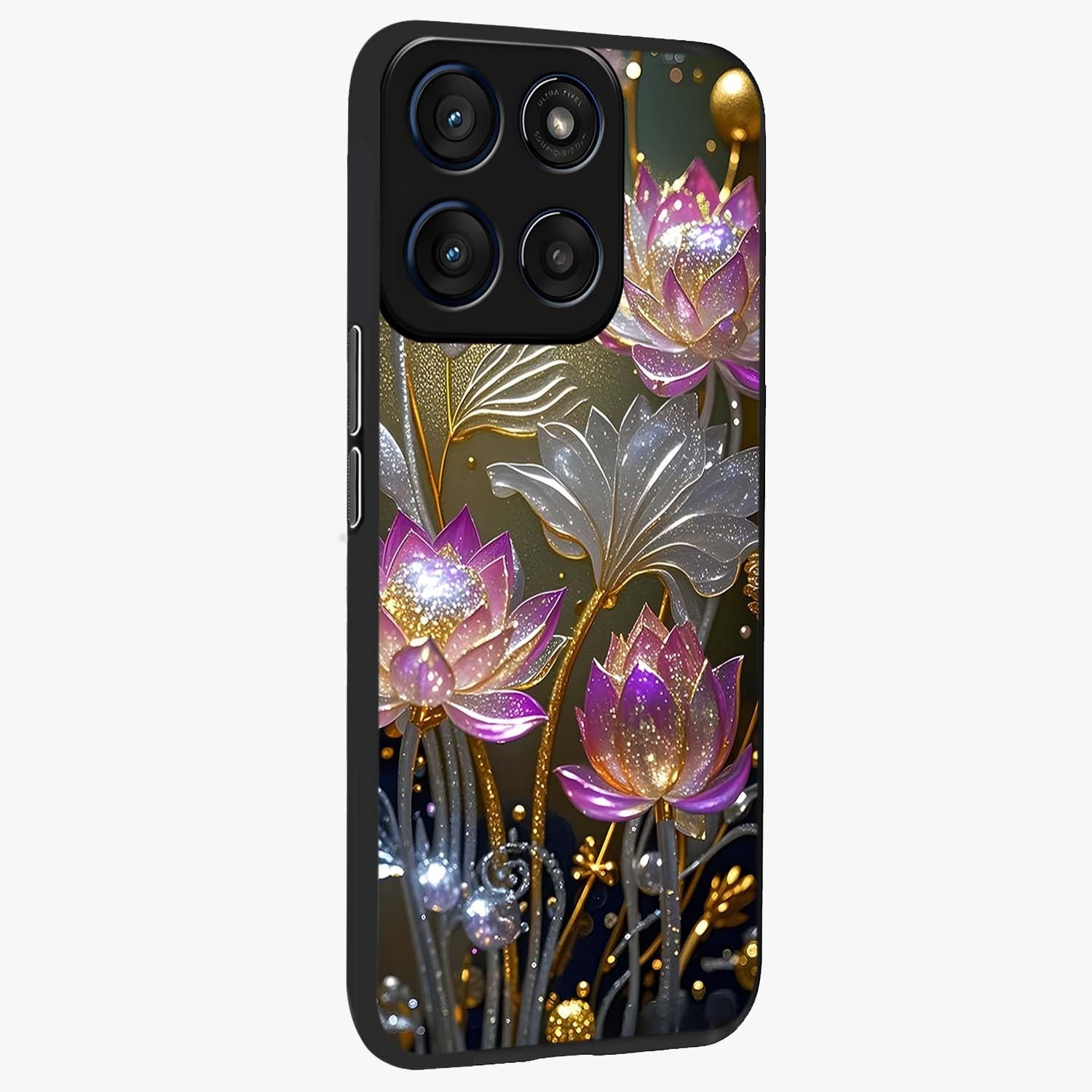 Golden Floral Majesty Glass Case upright view showcasing majestic floral artwork with rich decorative theme.