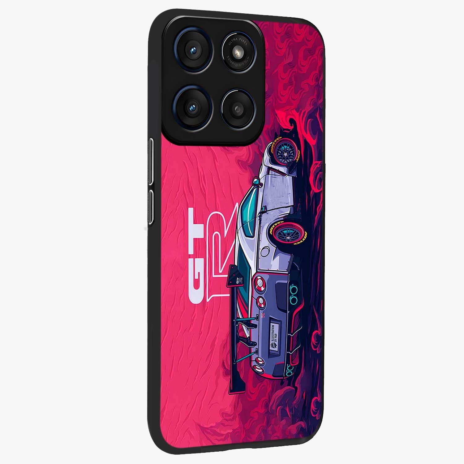 GT-R Car Pattern Glass Case upright view showcasing dynamic car pattern artwork with modern sports theme.