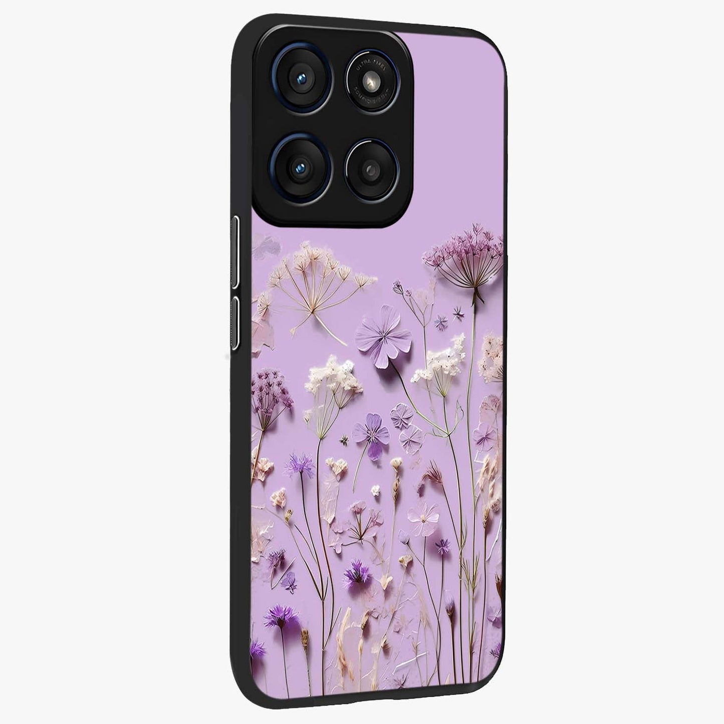 Lavender Blossom Dream Glass Case upright view showcasing delicate lavender blossom artwork with peaceful floral theme.