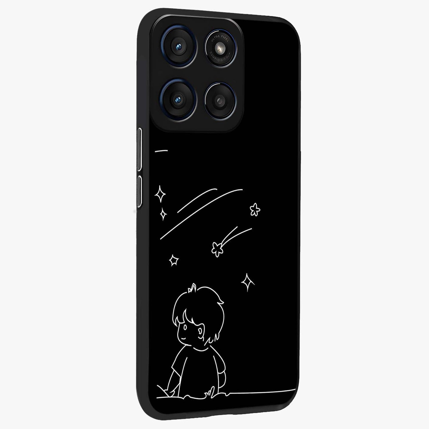 Line Art Boy With Shooting Stars Glass Case upright view showcasing artistic shooting star illustration with minimal style.