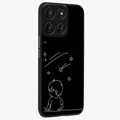 Line Art Boy With Shooting Stars Glass Case upright view showcasing artistic shooting star illustration with minimal style.