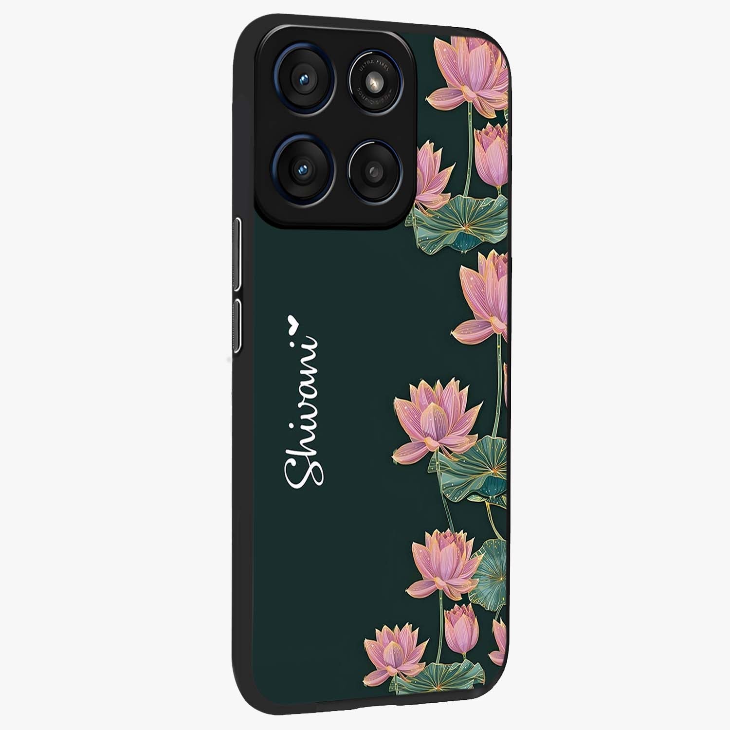 Lotus Bloom Serenity Custom Name Glass Case upright view showcasing serene lotus bloom artwork with personalized floral aesthetic.