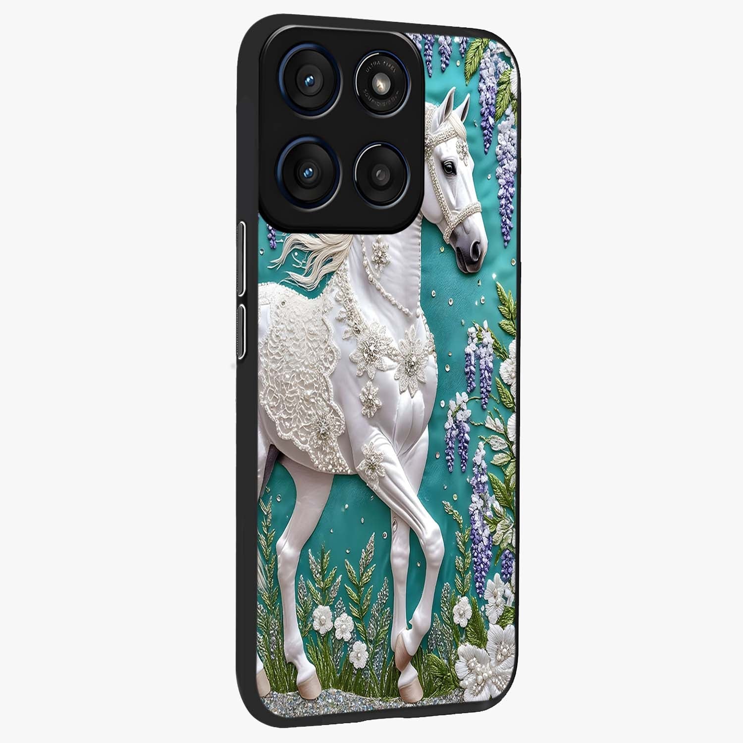 Majestic Floral Stallion Glass Case upright view showcasing dramatic horse artwork with decorative floral theme.