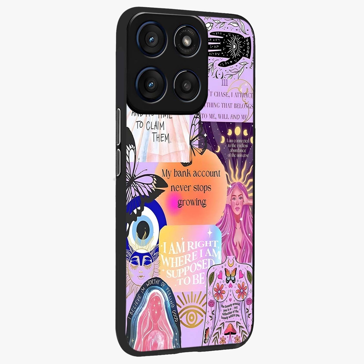 Manifestation Collage Glass Case upright view showcasing artistic manifestation themed artwork with creative style.