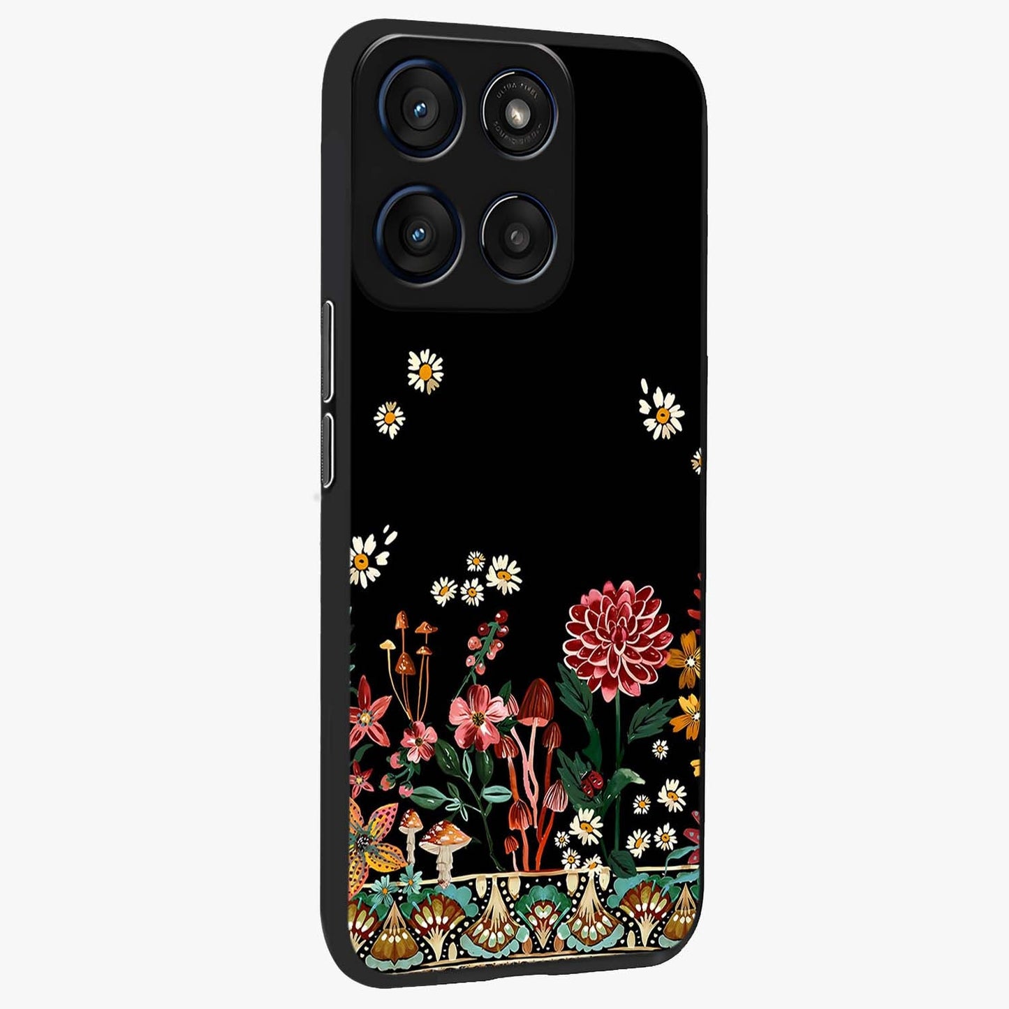 Midnight Bloom Pattern Glass Case upright view showcasing decorative floral artwork with deep night themed palette.