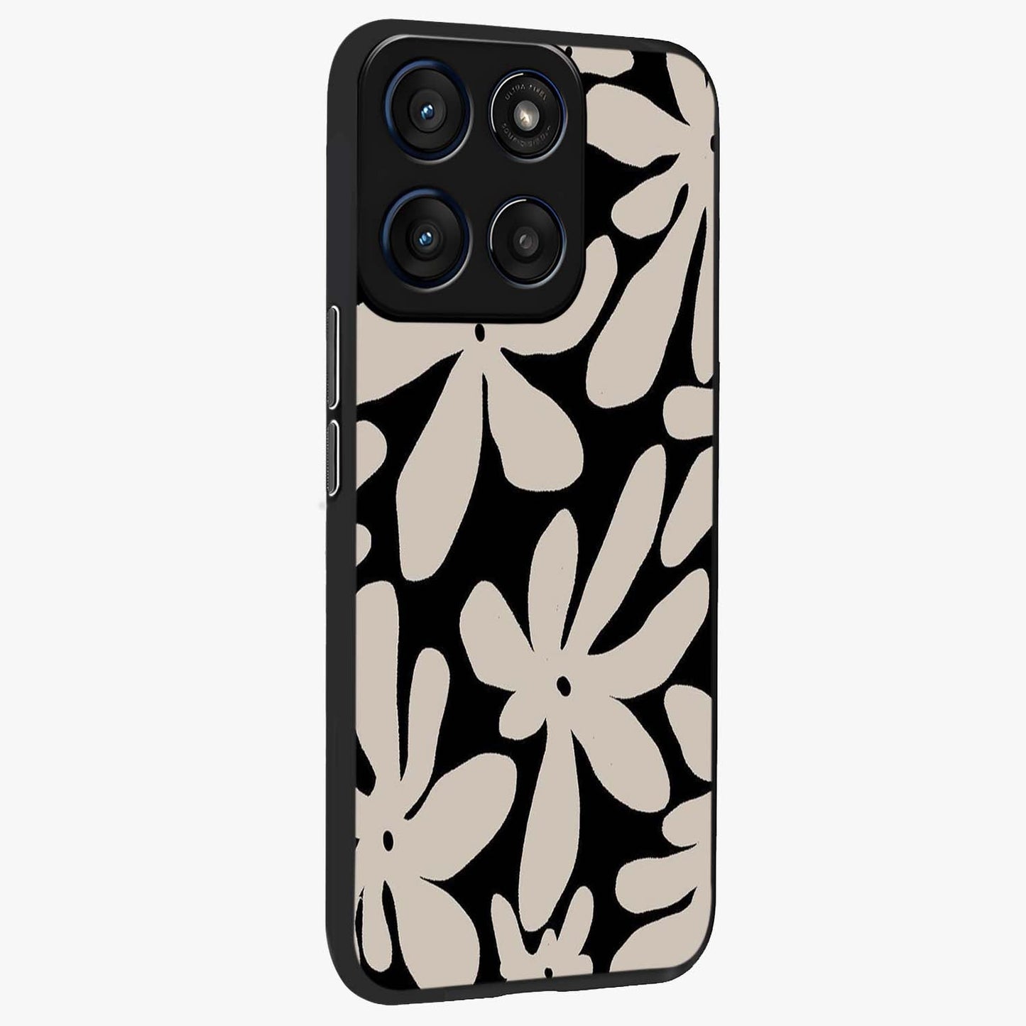 Monochrome Petal Dance Glass Case upright view showcasing artistic floral pattern with stylish monochrome theme.