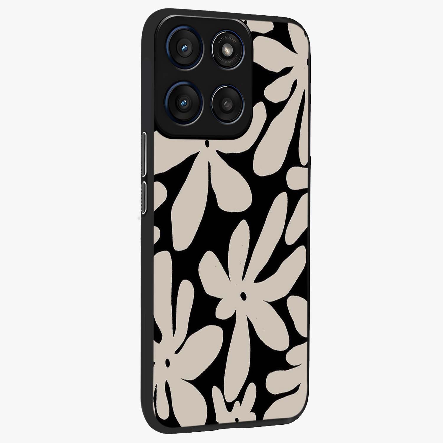 Monochrome Petal Dance Glass Case upright view showcasing artistic floral pattern with stylish monochrome theme.