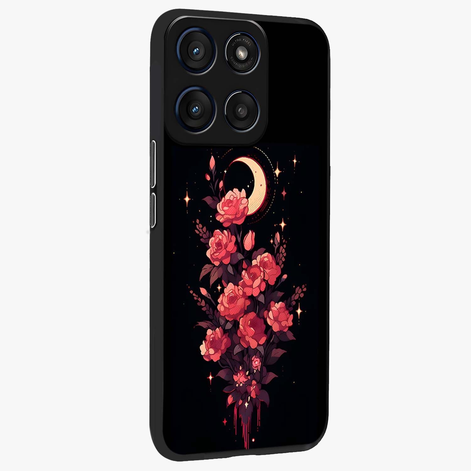 Moonlit Floral Elegance Glass Case upright view showcasing delicate floral artwork with refined night inspired theme.