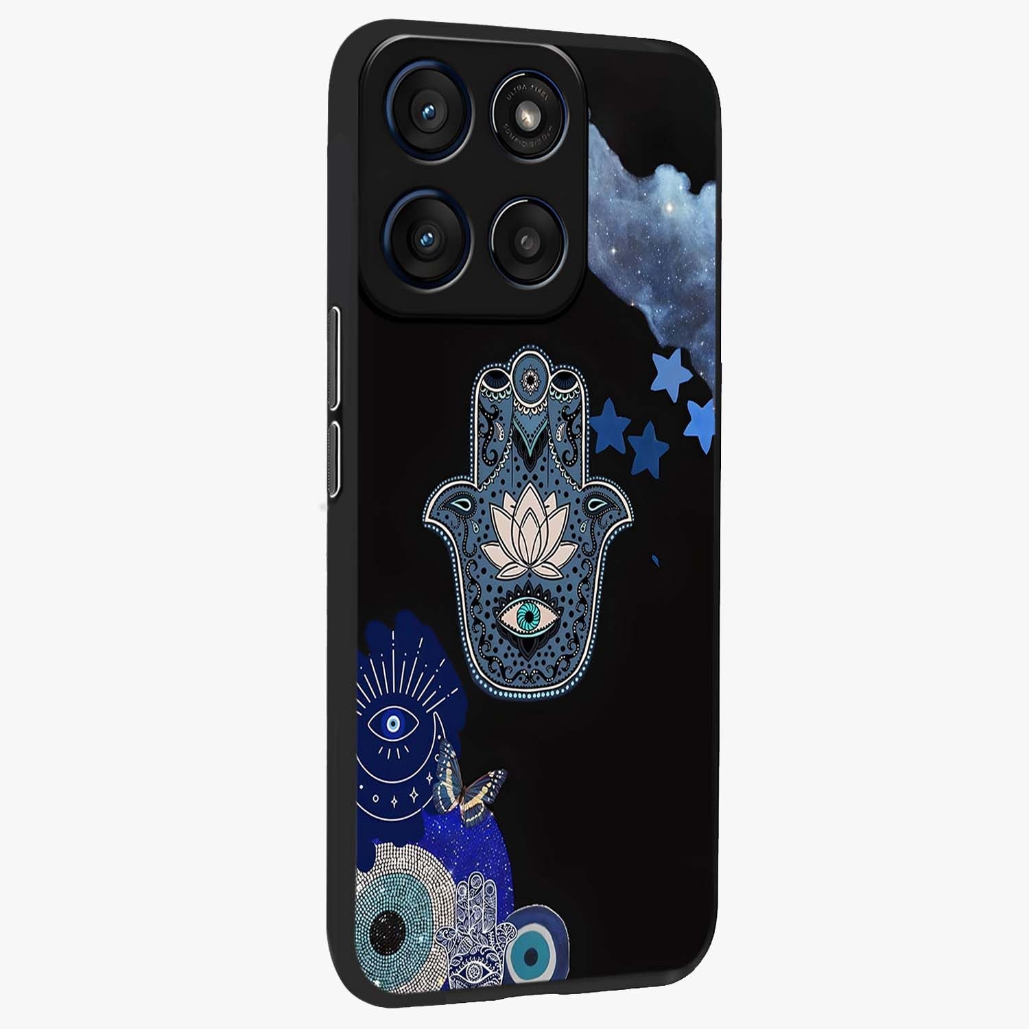 Mystic Hand Aura Glass Case upright view showcasing symbolic hand artwork with mystical energy theme.