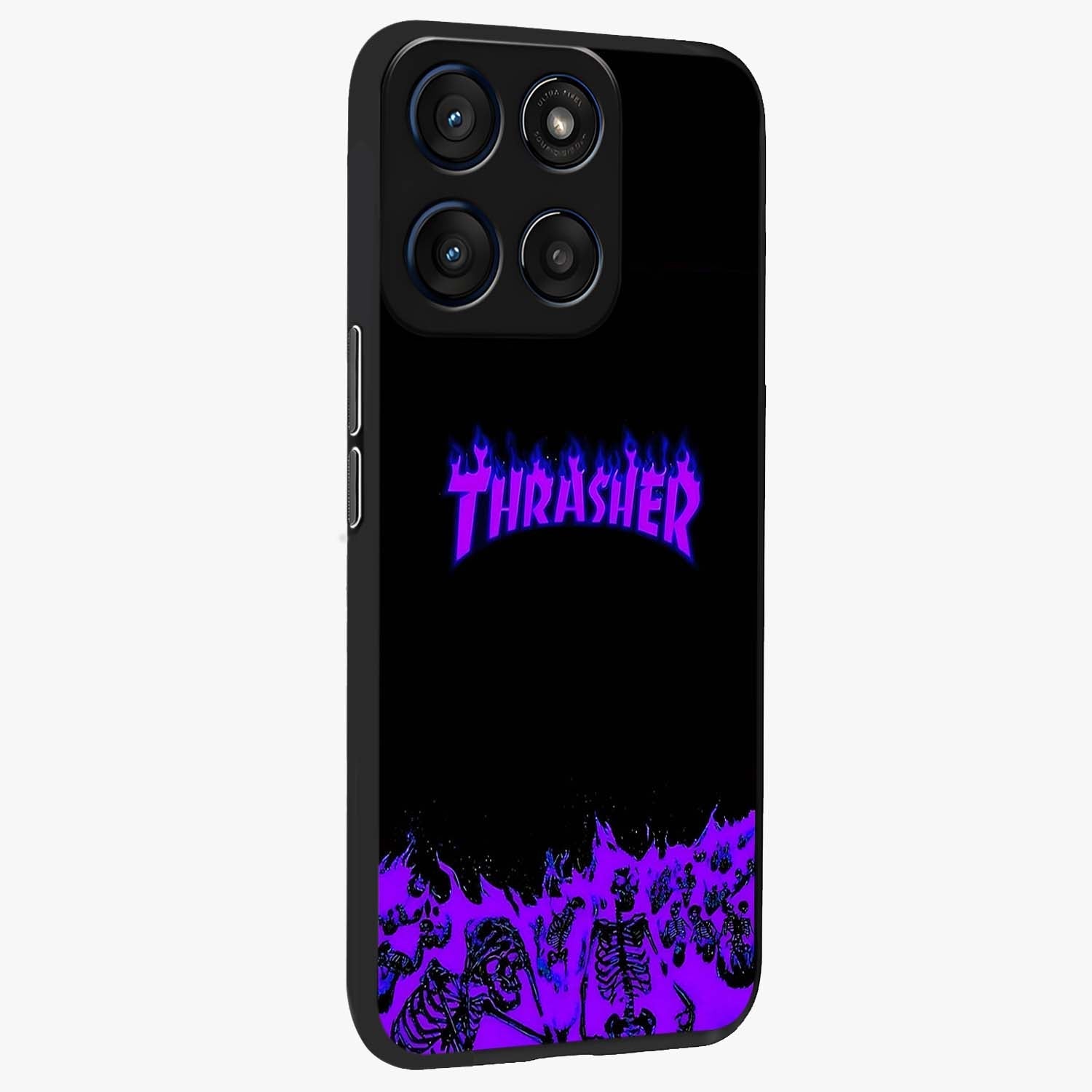 Neon Flame Riot Glass Case upright view showcasing dynamic flame artwork with energetic neon theme.