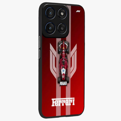 Red Ferrari F1 Vertical Glass Case upright view showcasing powerful Formula car artwork with dynamic motorsport theme.