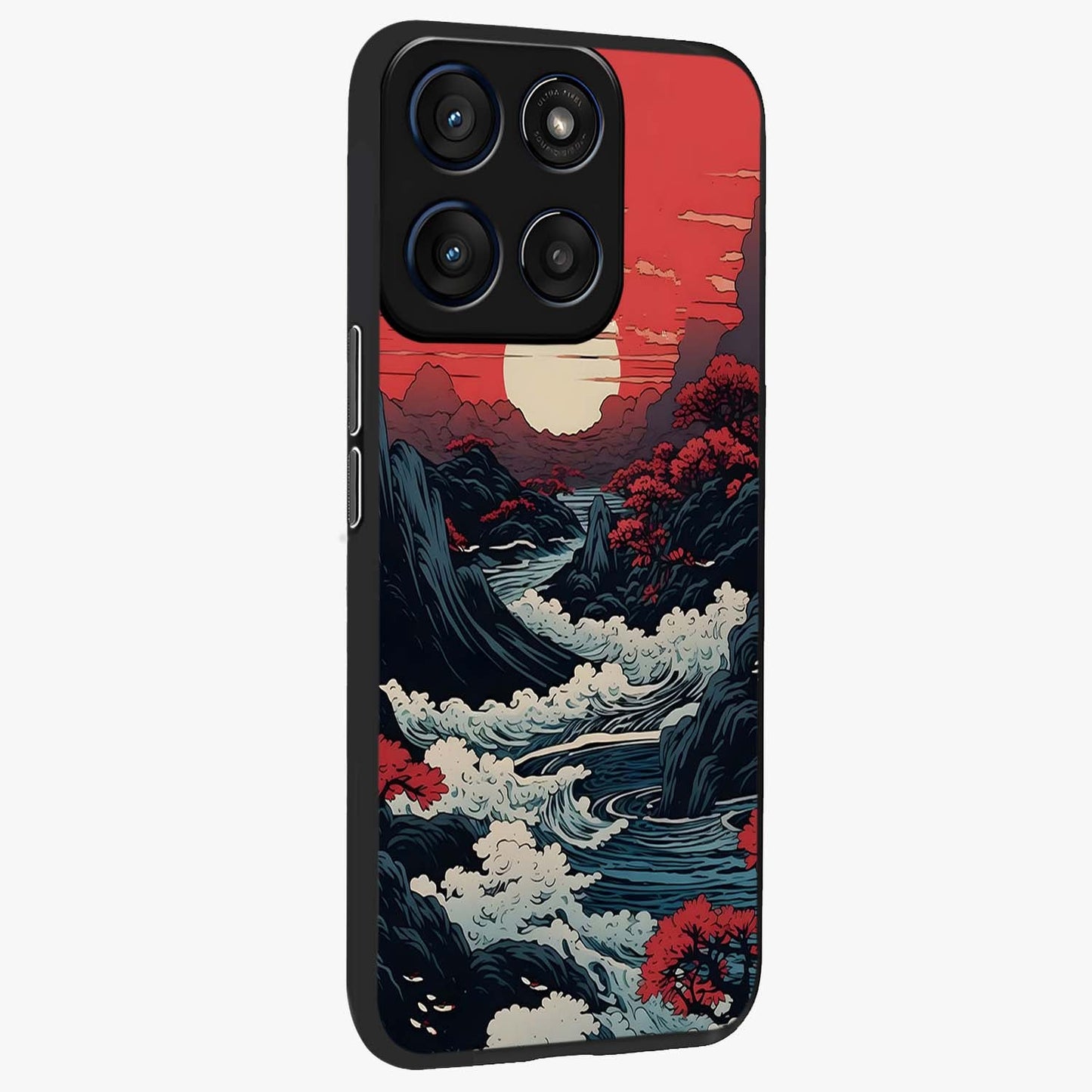 Red Sunset Scenery Glass Case upright view showcasing dramatic sunset scenery artwork with warm nature theme.