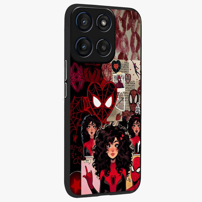 Spider Love Story Glass Case upright view showcasing charming superhero artwork with romantic comic theme.