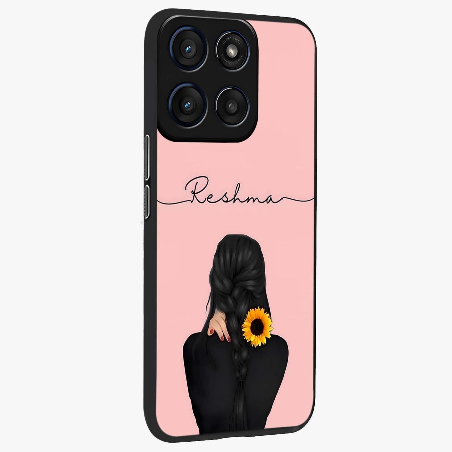 Sunflower Braid Beauty With Custom Name Glass Case upright view showcasing bright sunflower artwork with personalized floral aesthetic.