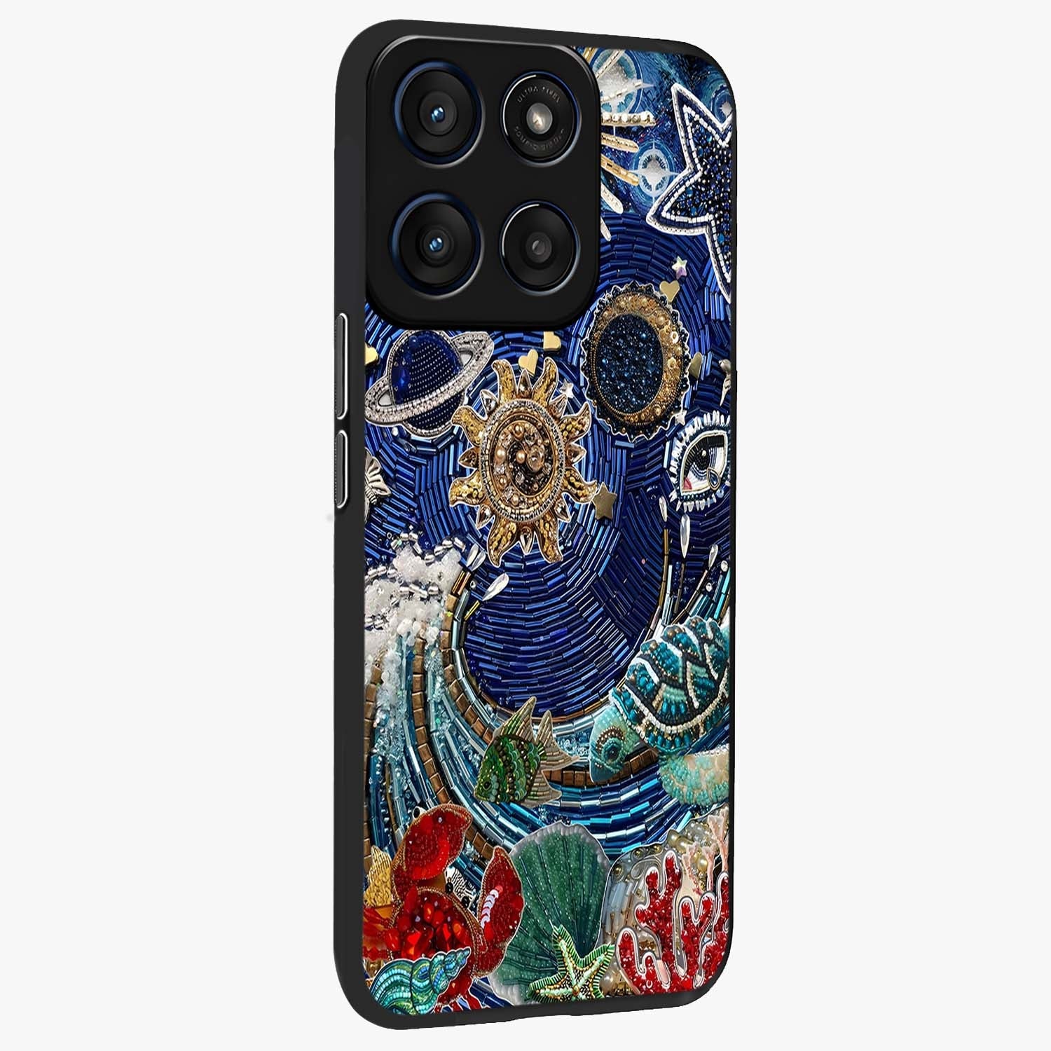 Universe Underwater Spark Glass Case upright view showcasing magical underwater galaxy artwork with vibrant cosmic theme.