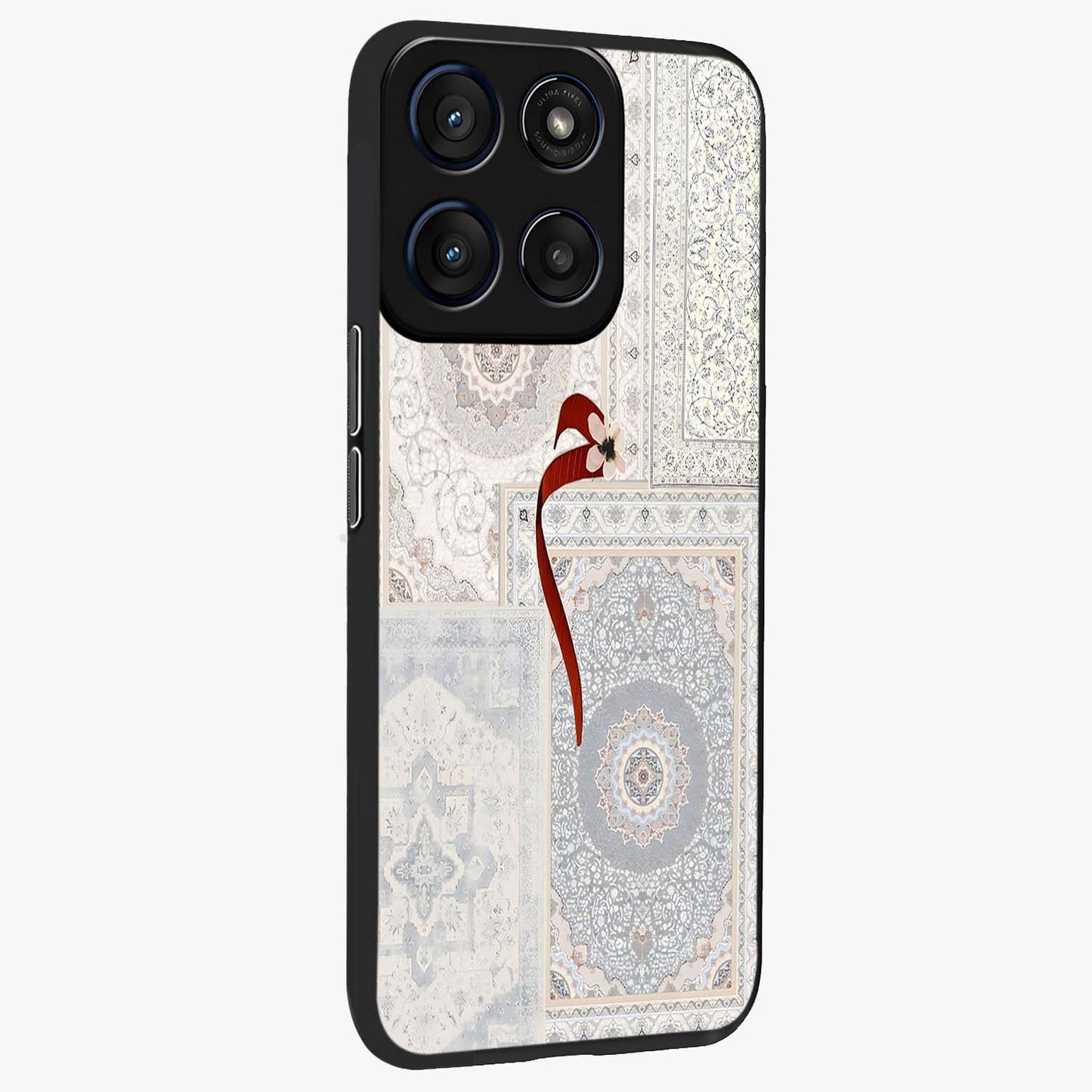 White Aesthetic Bow Glass Case upright view showcasing delicate ribbon bow artwork with cute minimalist theme.