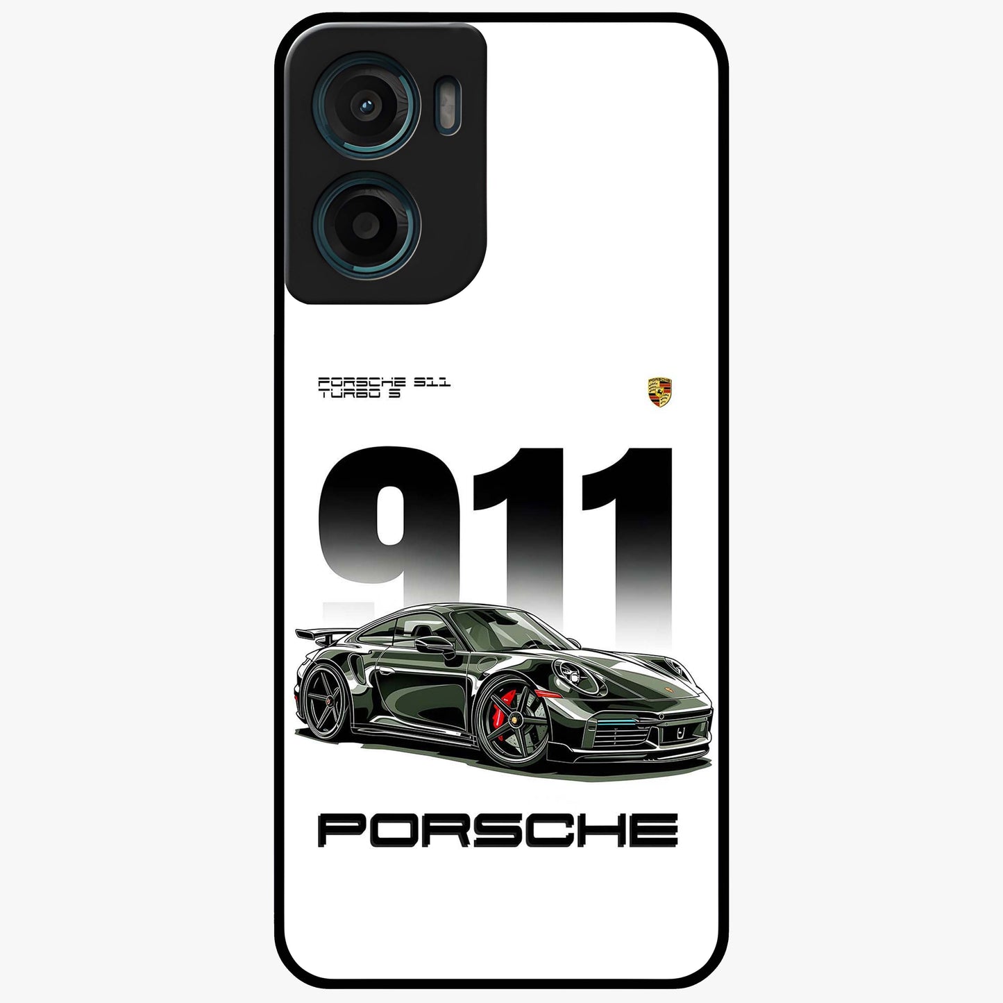 911 Turbo Dominance Glass Case showing clean flat back view with bold 911 sports car artwork and glossy glass finish.