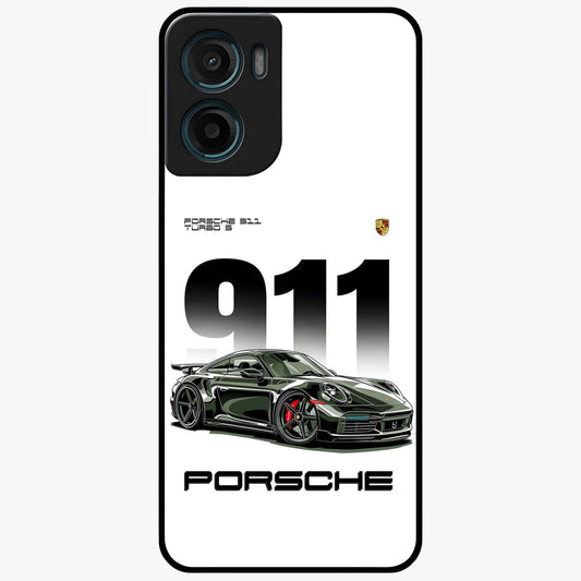 911 Turbo Dominance Glass Case showing clean flat back view with bold 911 sports car artwork and glossy glass finish.