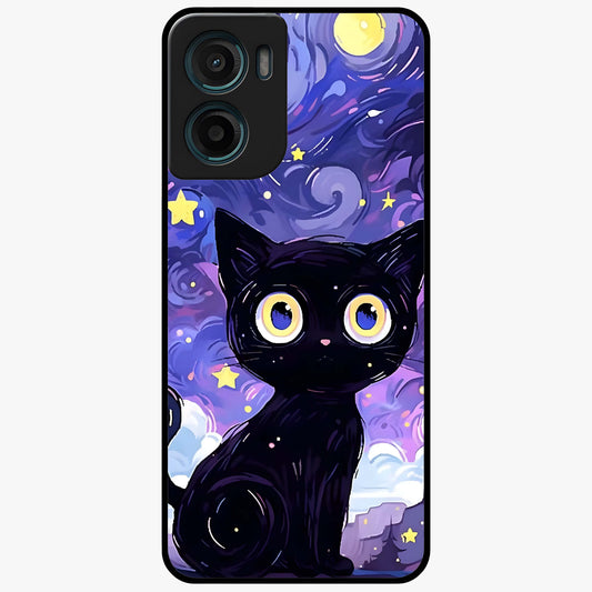 Abstract Cat Art Glass Case showing flat back view with artistic cat illustration and glossy glass finish.