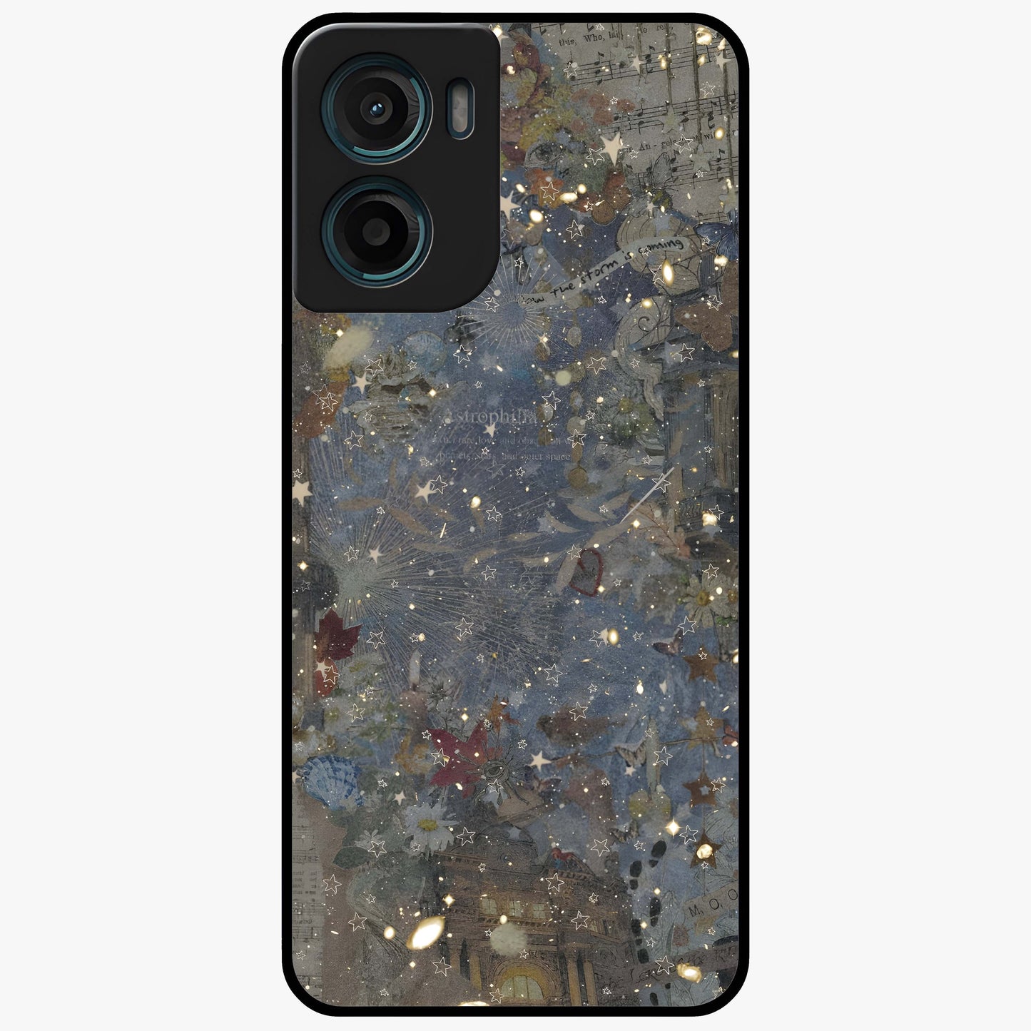 Aesthetic Astrolophia Glass Case showing flat back view with dreamy aesthetic design and glossy glass finish.