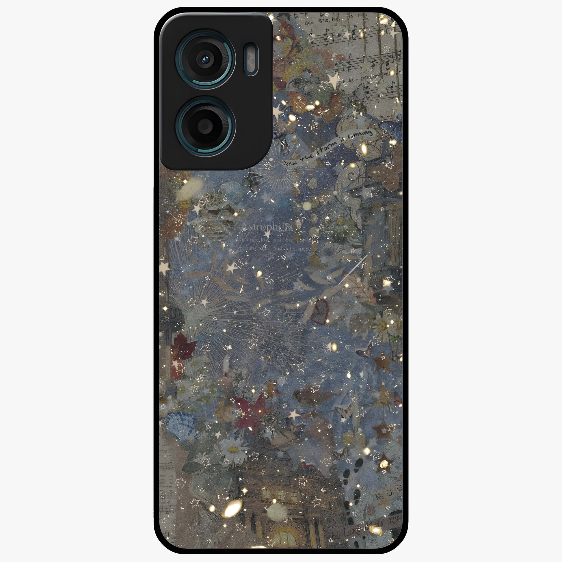 Aesthetic Astrolophia Glass Case showing flat back view with dreamy aesthetic design and glossy glass finish.
