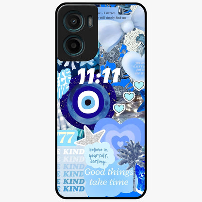 Aesthetic Be Kind Eye Glass Case showing flat back view with motivational eye artwork and glossy glass finish.