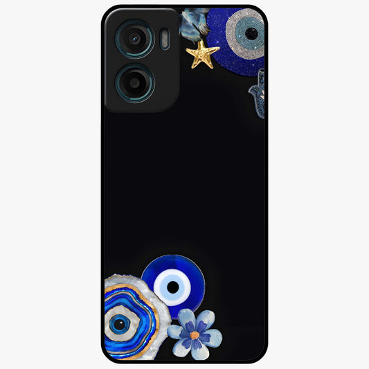 Aesthetic Blue Evil Eye Glass Case showing flat back view with protective evil eye artwork and glossy glass finish.