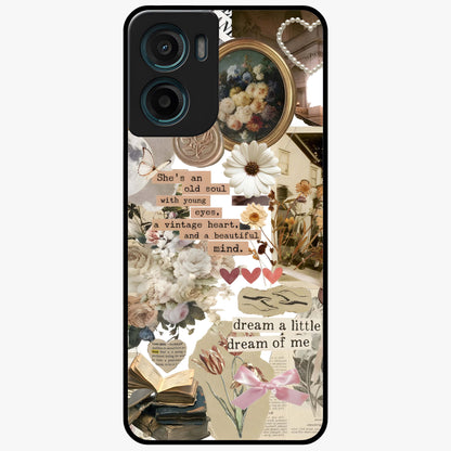 Aesthetic Brown Vintage Collage Glass Case showing flat back view with retro collage artwork and glossy glass finish.
