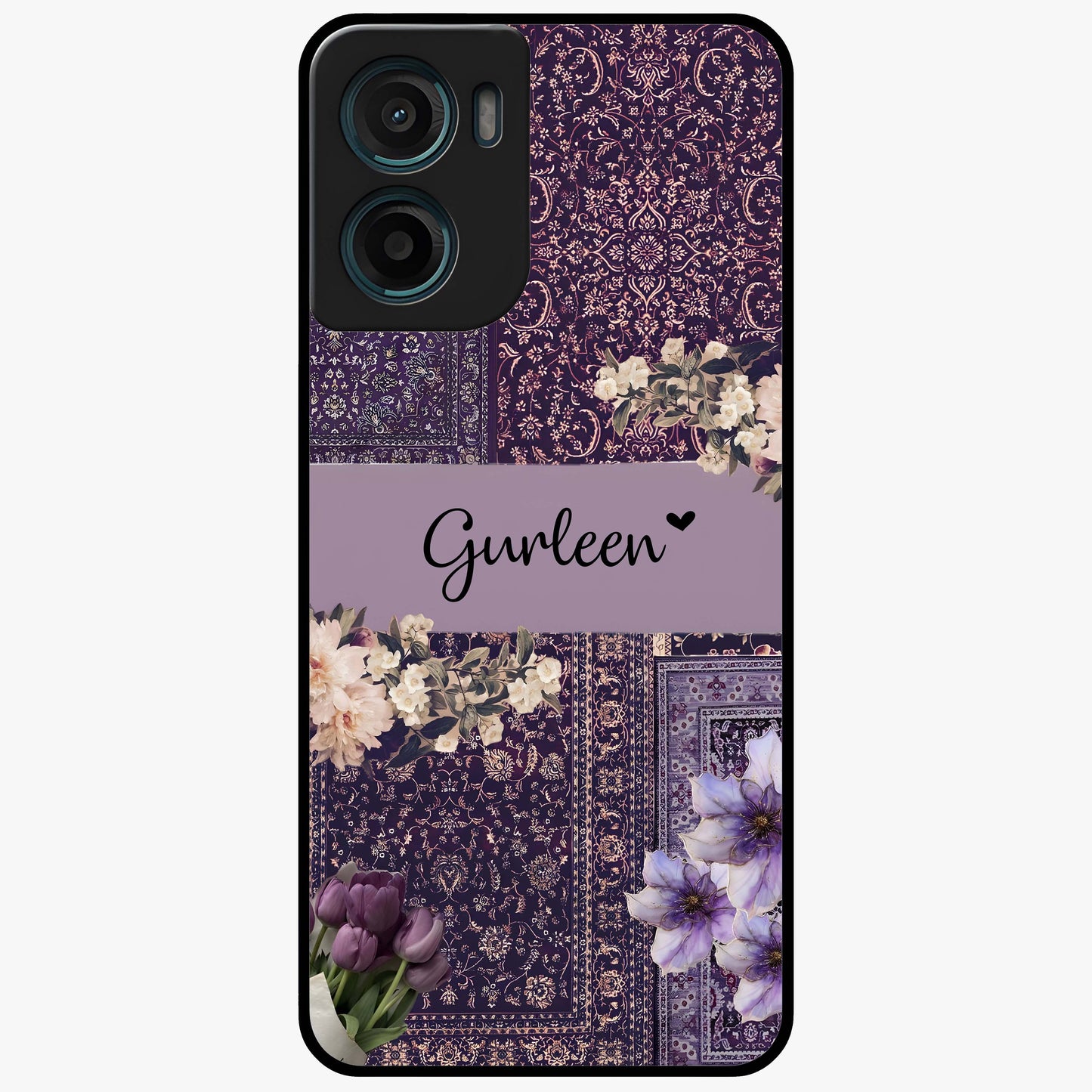 Antique Floral Whisper Custom Name Glass Case showing flat back view with vintage floral artwork and personalized name design.