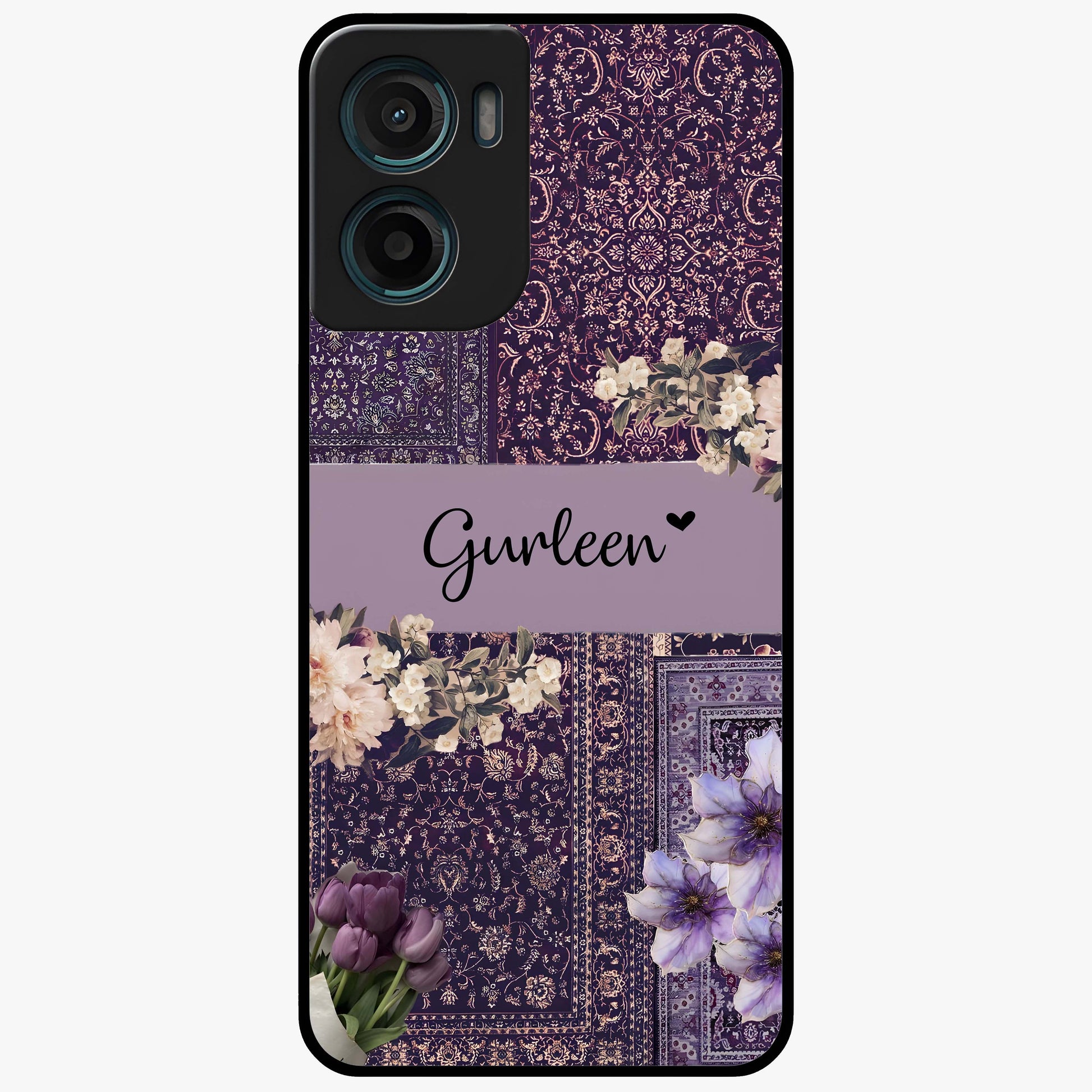 Antique Floral Whisper Custom Name Glass Case showing flat back view with vintage floral artwork and personalized name design.