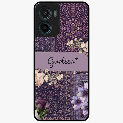 Antique Floral Whisper Custom Name Glass Case showing flat back view with vintage floral artwork and personalized name design.