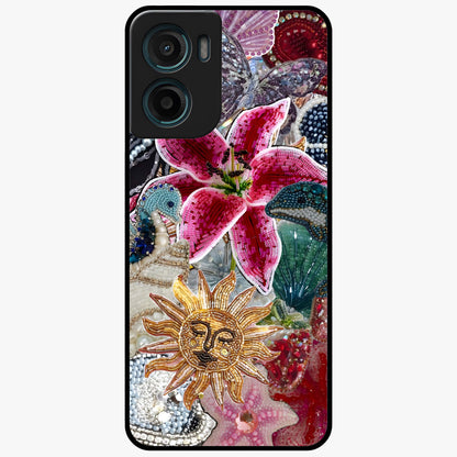 Beaded Garden Fantasy Glass Case showing flat back view with dreamy garden bead artwork and glossy glass finish.