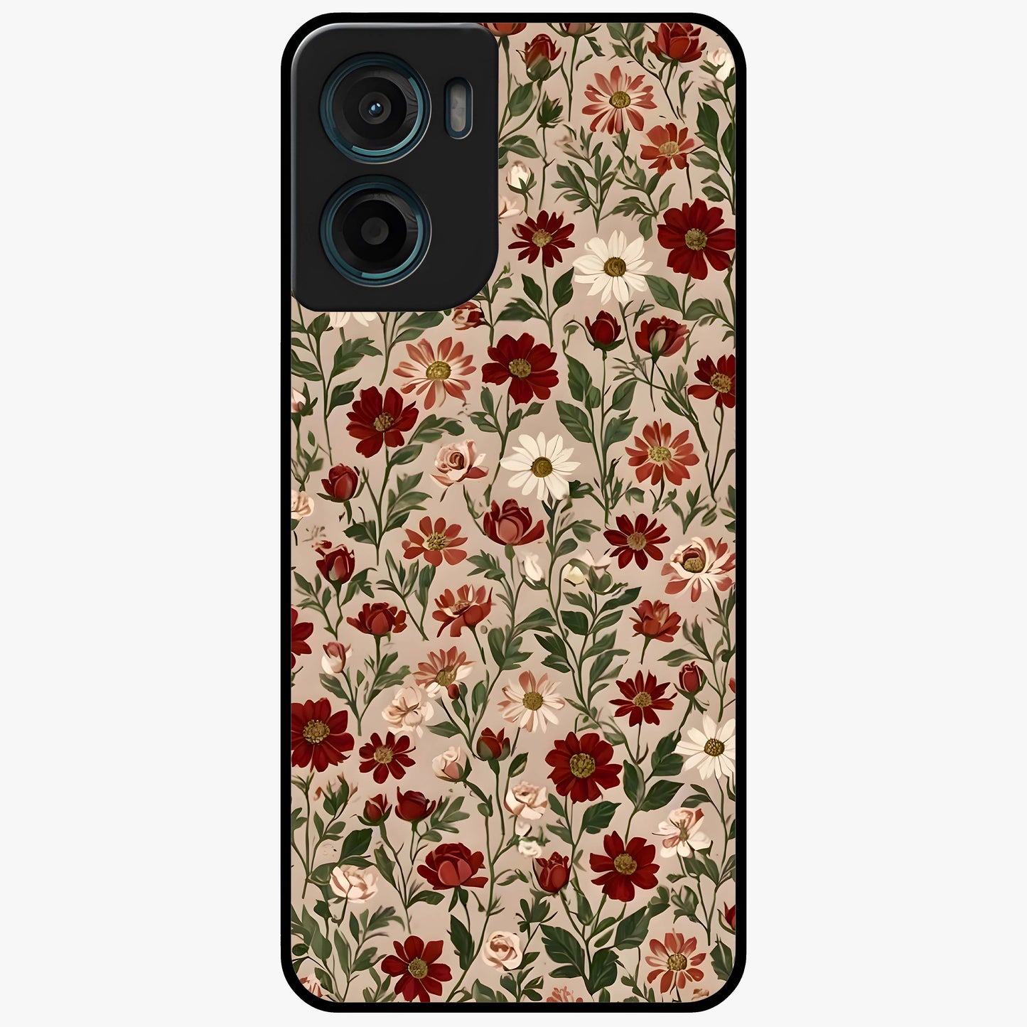 Biege Flower With Leaf Glass Case showing flat back view with soft beige floral artwork and glossy glass finish.