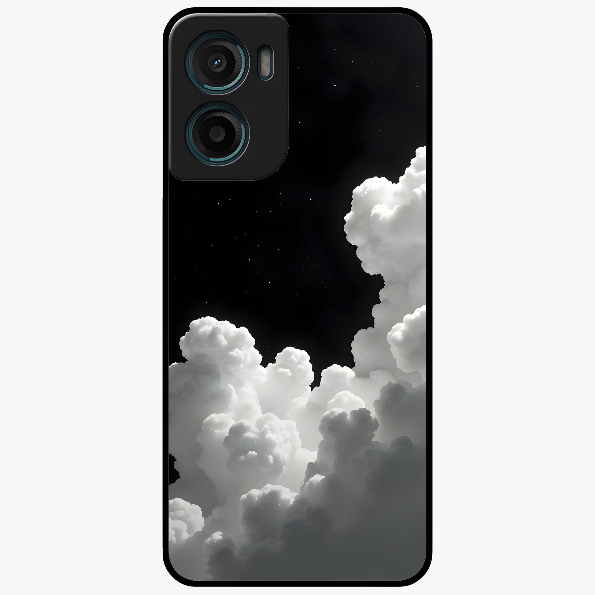 Black Background With White Cloud Glass Case showing flat back view with minimal cloud artwork on dark background and glossy glass finish.