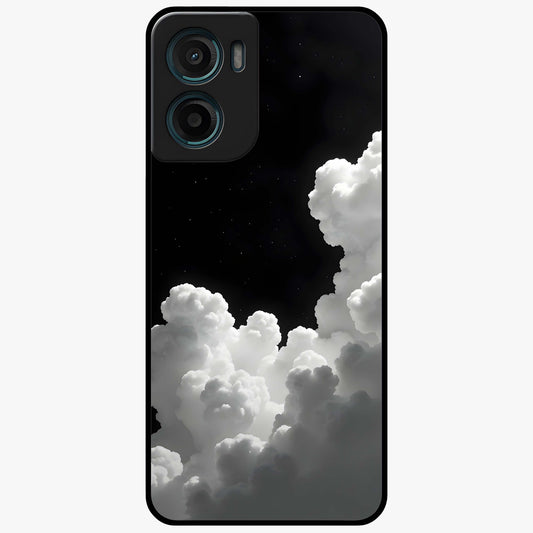 Black Background With White Cloud Glass Case showing flat back view with minimal cloud artwork on dark background and glossy glass finish.