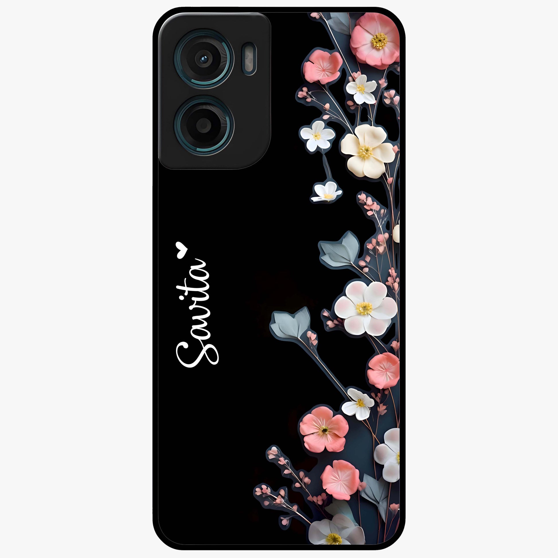 Black Elegance Floral Custom Name Glass Case showing flat back view with elegant floral artwork and personalized name design.