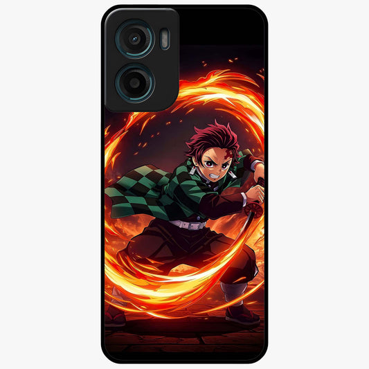 Blazing Sword Resolve Glass Case showing flat back view with fiery sword artwork and glossy glass finish.