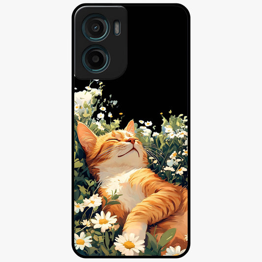 Blissful Bloom Cat Glass Case showing flat back view with cute cat and floral bloom artwork and glossy glass finish.