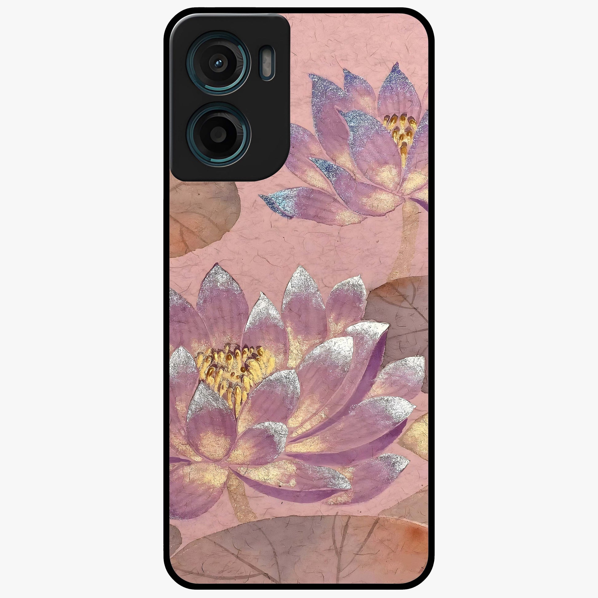 Blossom Mist Lotus Glass Case showing flat back view with serene lotus blossom artwork and glossy glass finish.