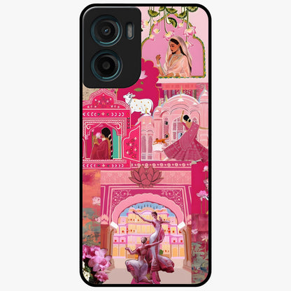 Blossoms of Rajasthan Glass Case showing flat back view with traditional floral artwork inspired by Rajasthan and glossy glass finish.