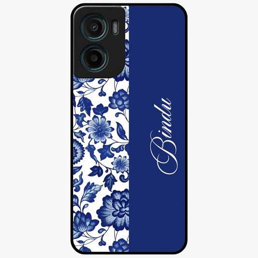 Blue Vintage Floral Pattern Glass Case upright view showcasing timeless floral illustration with vintage inspired style.