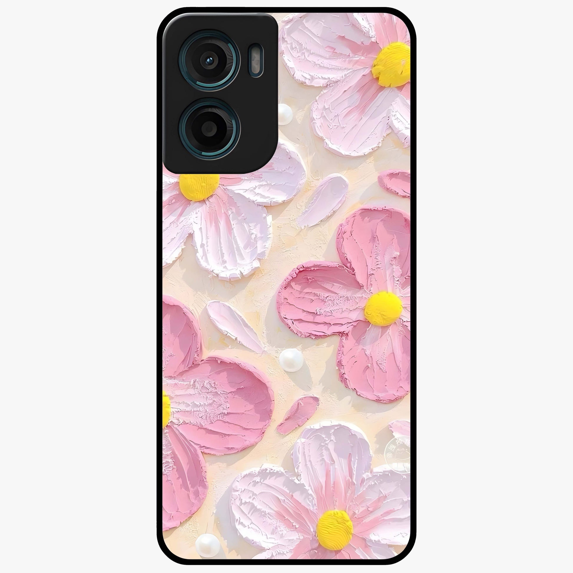 Blush Bloom Texture Glass Case showing flat back view with soft blush floral texture artwork and glossy glass finish.