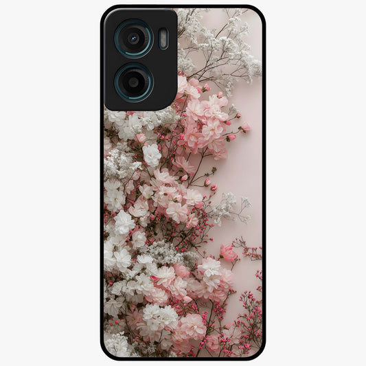 Blush Blossom Cloud Glass Case showing flat back view with dreamy blush cloud blossom artwork and glossy glass finish.